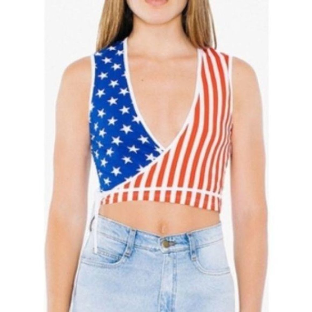 AMERICAN APPAREL STARS AND STRIPES WRAP HALTER CROP TOP SIZE LARGE